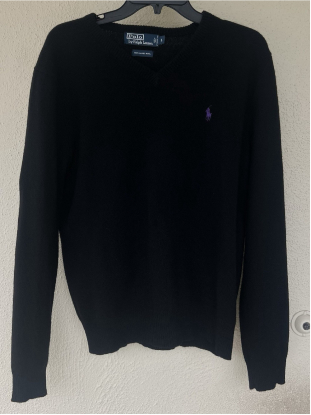 Polo Ralph Lauren Sweater L Black Lambswool V Neck Purple Pony Logo Italian Yarn